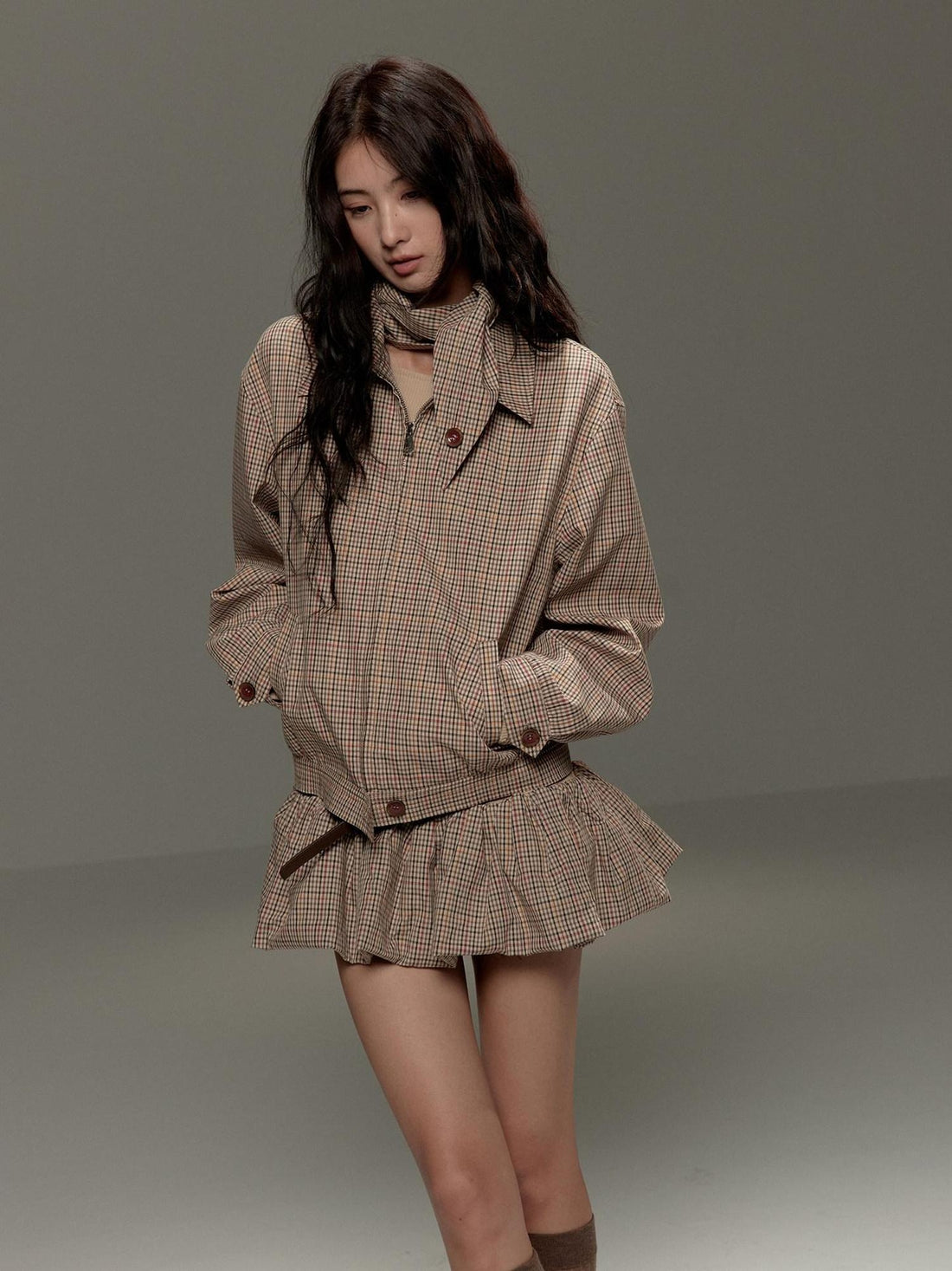 lvetong Soft Cotton Cropped Zip Plaid Houndstooth Street Loose Fit Women Casual Jackets
