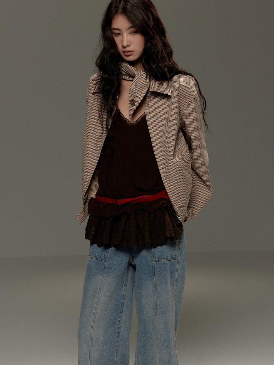lvetong Soft Cotton Cropped Zip Plaid Houndstooth Street Loose Fit Women Casual Jackets