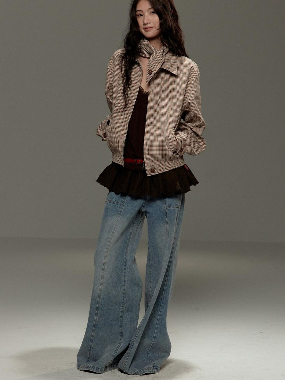 lvetong Soft Cotton Cropped Zip Plaid Houndstooth Street Loose Fit Women Casual Jackets