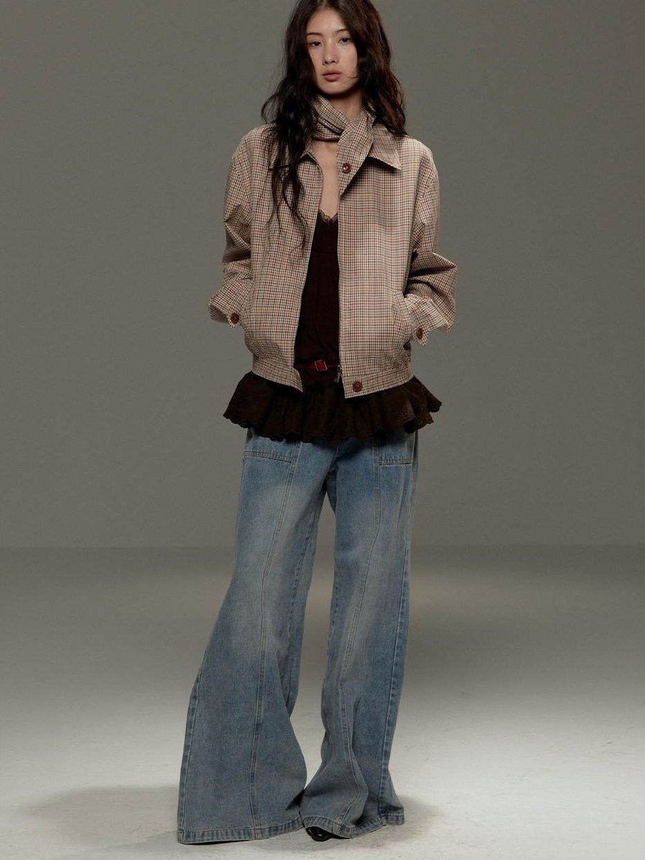 lvetong Soft Cotton Cropped Zip Plaid Houndstooth Street Loose Fit Women Casual Jackets