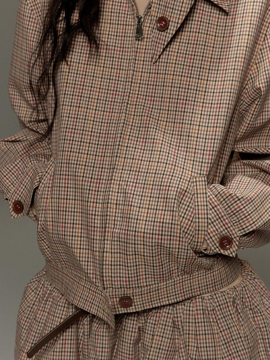 lvetong Soft Cotton Cropped Zip Plaid Houndstooth Street Loose Fit Women Casual Jackets