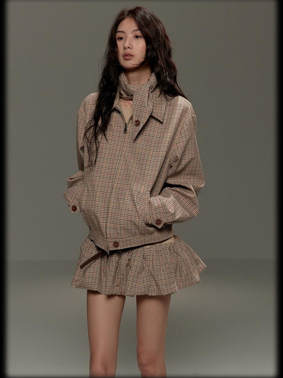 lvetong Soft Cotton Cropped Zip Plaid Houndstooth Street Loose Fit Women Casual Jackets