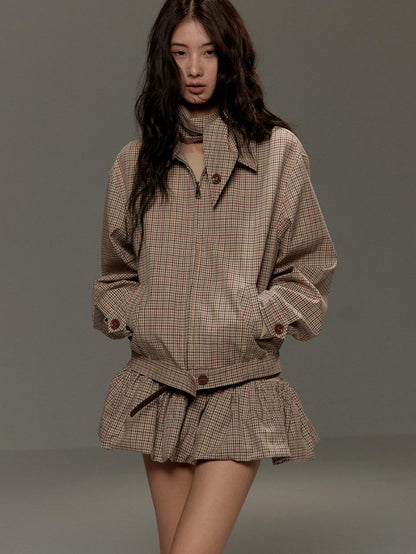 lvetong Soft Cotton Cropped Zip Plaid Houndstooth Street Loose Fit Women Casual Jackets