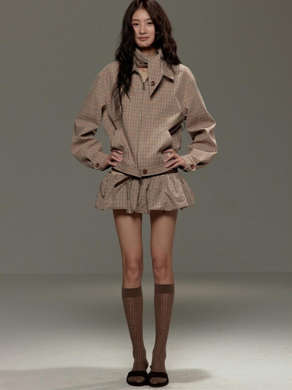 lvetong Soft Cotton Cropped Zip Plaid Houndstooth Street Loose Fit Women Casual Jackets