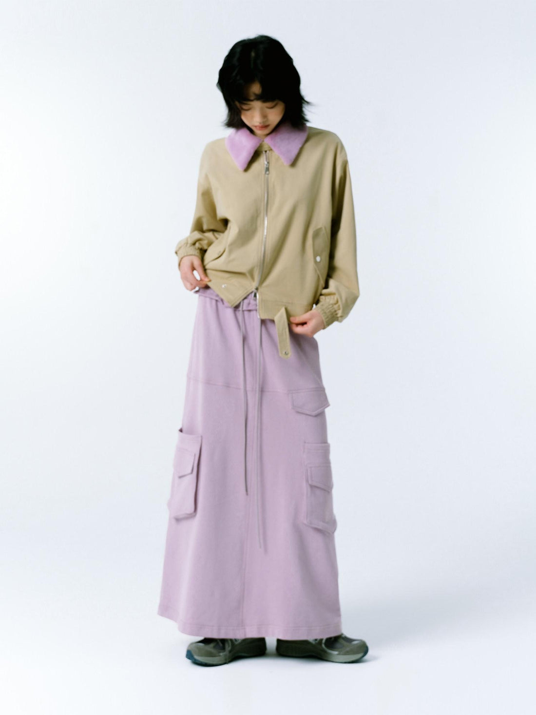 lvetong Soft Pink Cotton Low Waist Retro A Line Pocketed Youth Solid Maxi Skirts