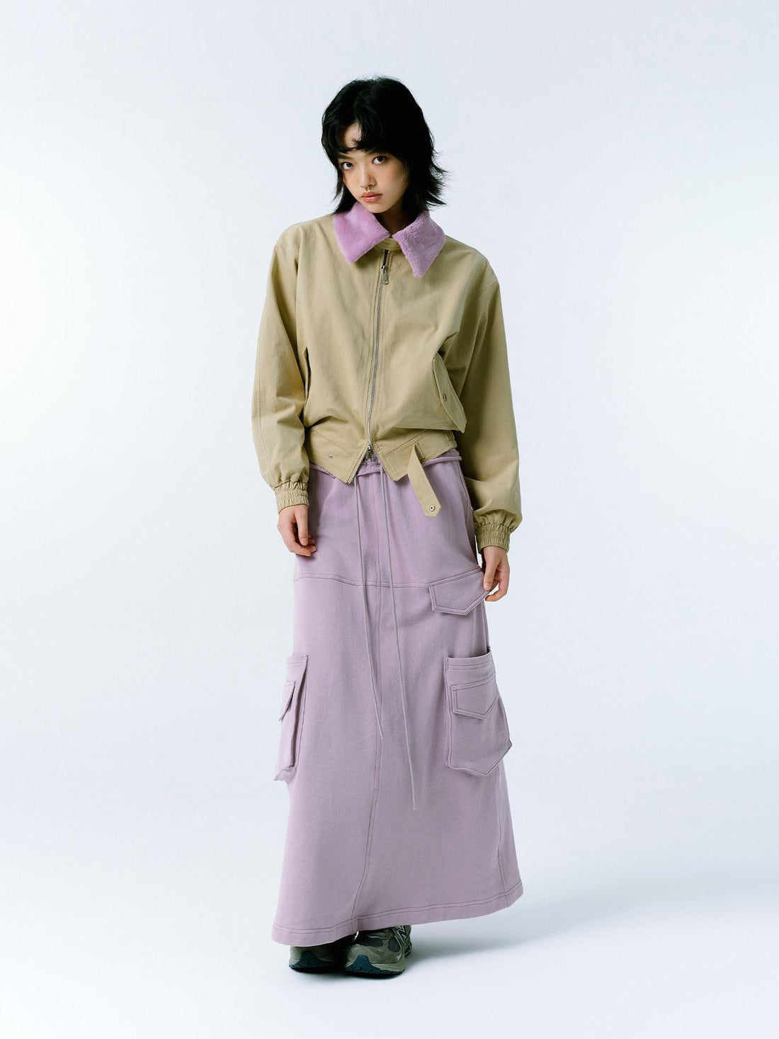 lvetong Soft Pink Cotton Low Waist Retro A Line Pocketed Youth Solid Maxi Skirts