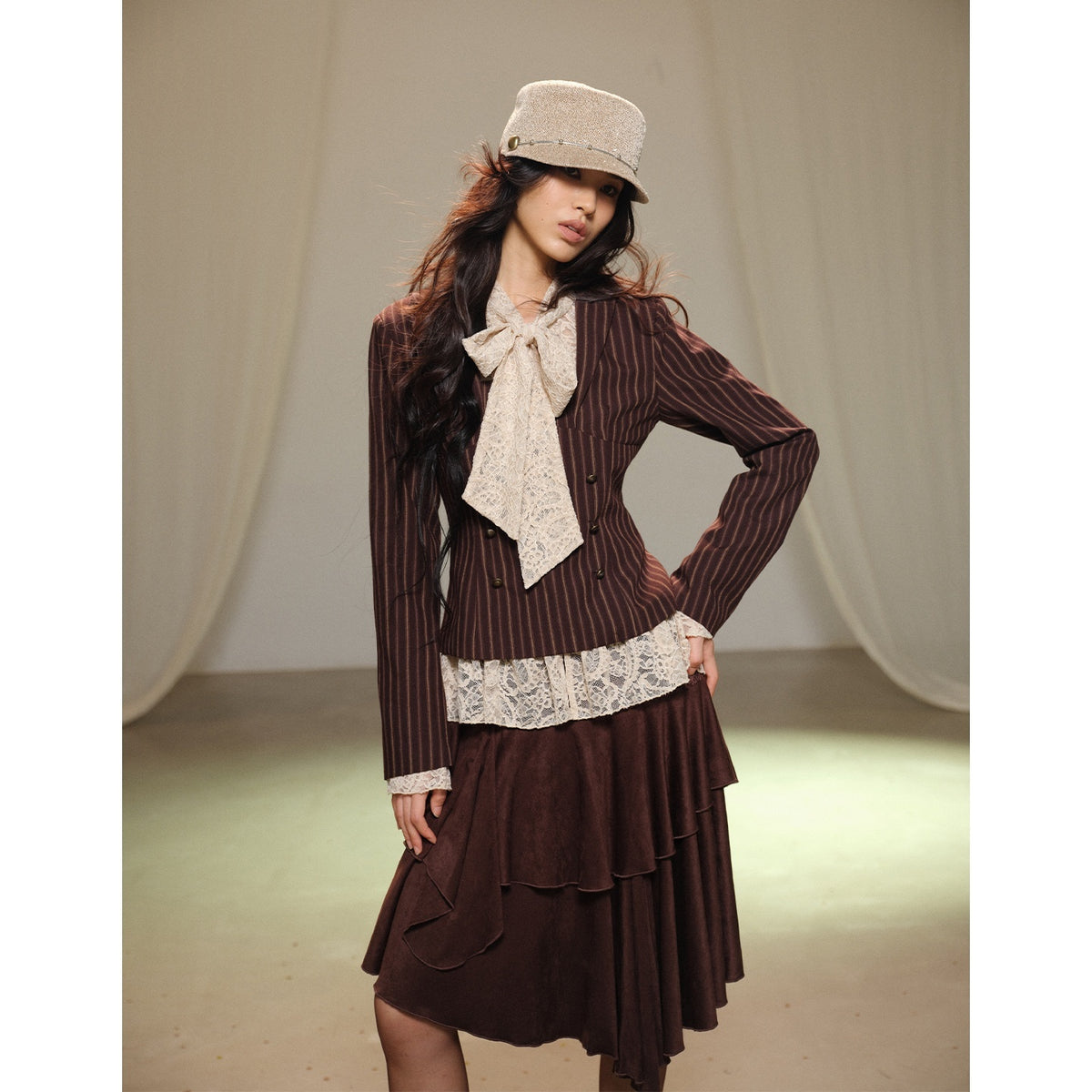 lvetong_Striped_Pleated_Waist_Cinched_Shoulder_Pad_Long_Sleeve_Women&