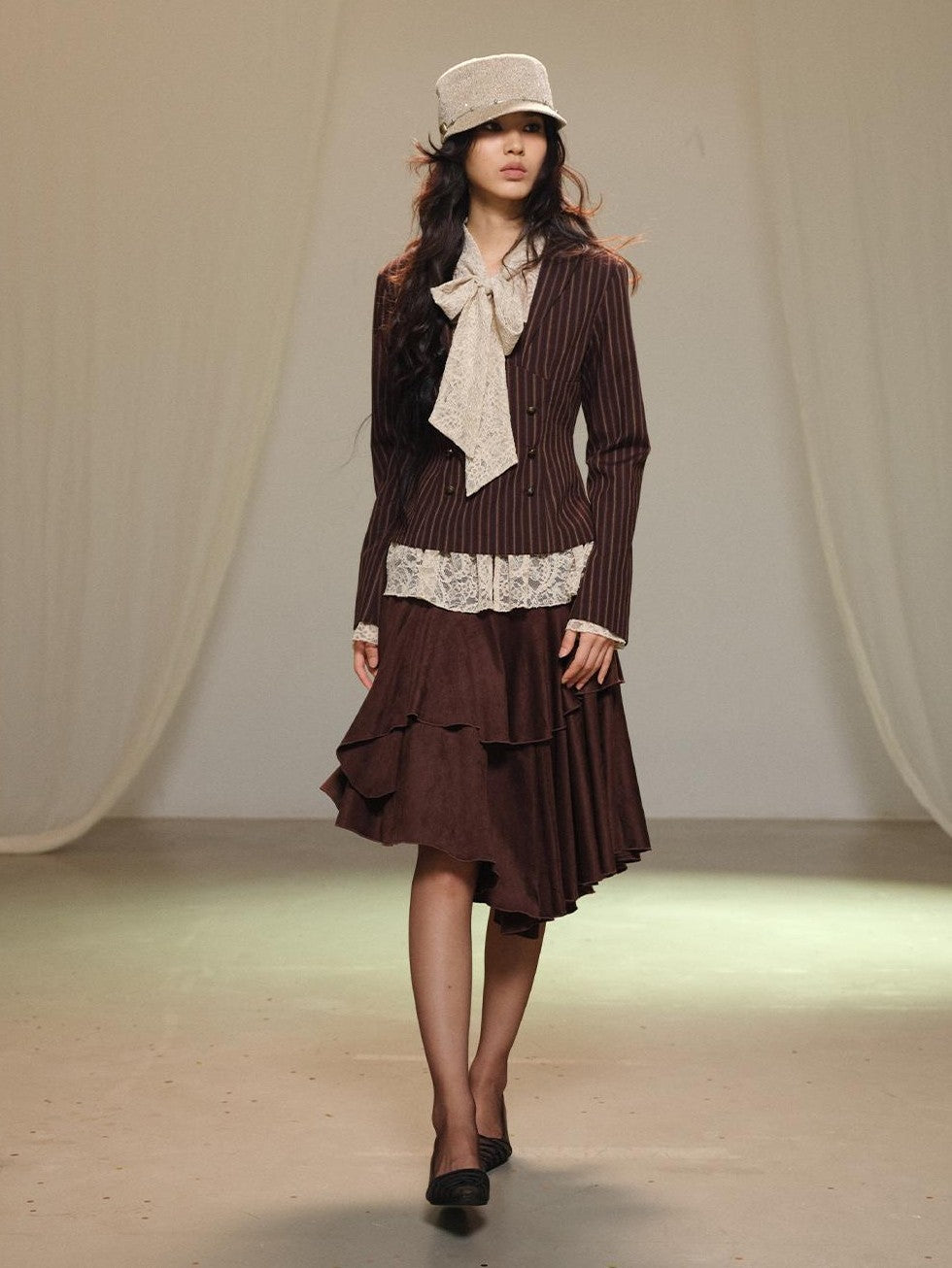 lvetong Striped Pleated Waist Cinched Shoulder Pad Long Sleeve Women&