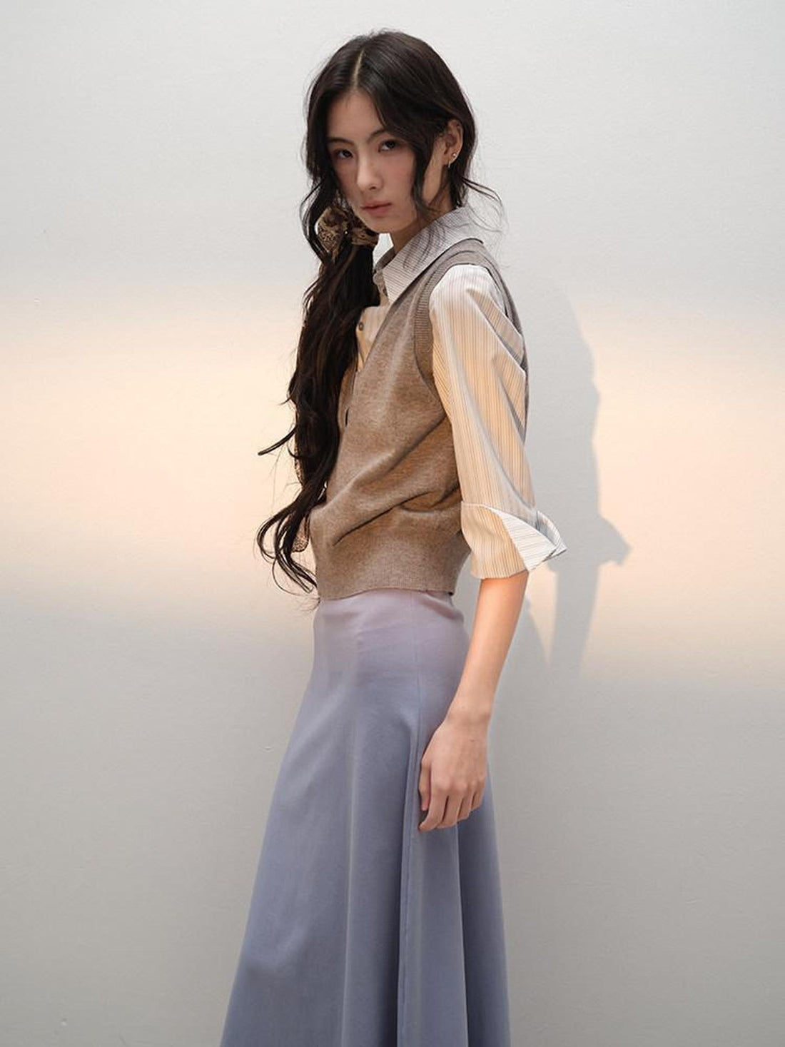 lvetong Three Piece V-neck Knit Sweater Striped Shirt Camisole Women Top &amp; Skirt Sets