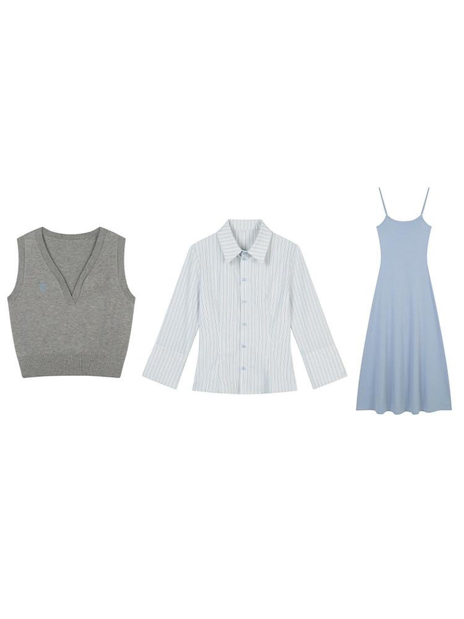 lvetong Three Piece V-neck Knit Sweater Striped Shirt Camisole Women Top &amp; Skirt Sets