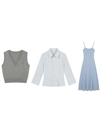 lvetong Three Piece V-neck Knit Sweater Striped Shirt Camisole Women Top &amp; Skirt Sets