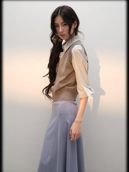 lvetong Three Piece V-neck Knit Sweater Striped Shirt Camisole Women Top &amp; Skirt Sets