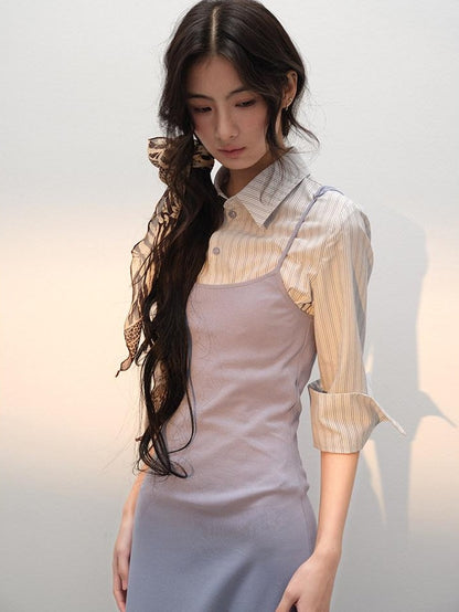 lvetong Three Piece V-neck Knit Sweater Striped Shirt Camisole Women Top &amp; Skirt Sets