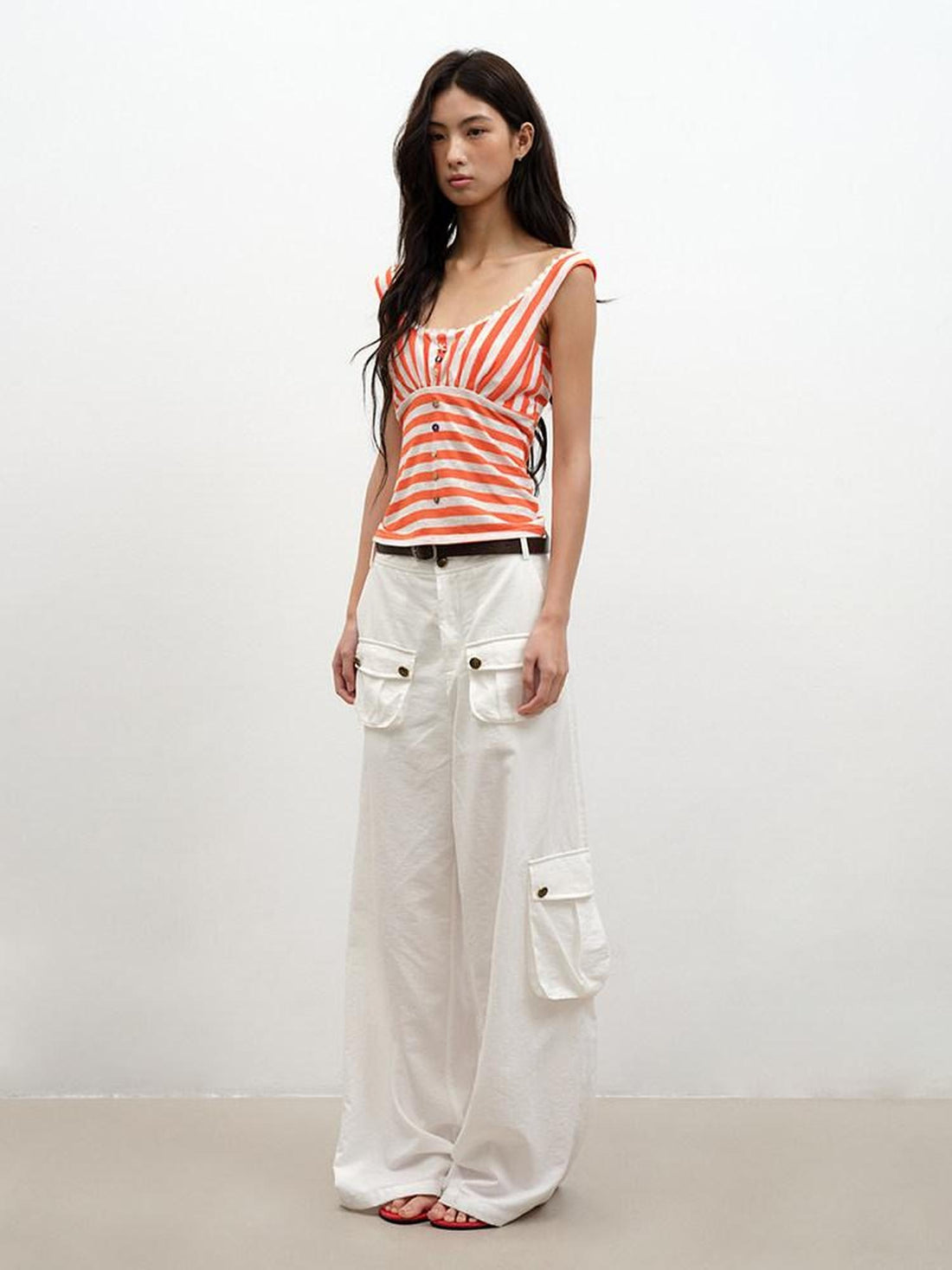 lvetong Vibrant Orange Striped Slim Street Roundneck Poly Blend Sleeveless Tank Tops