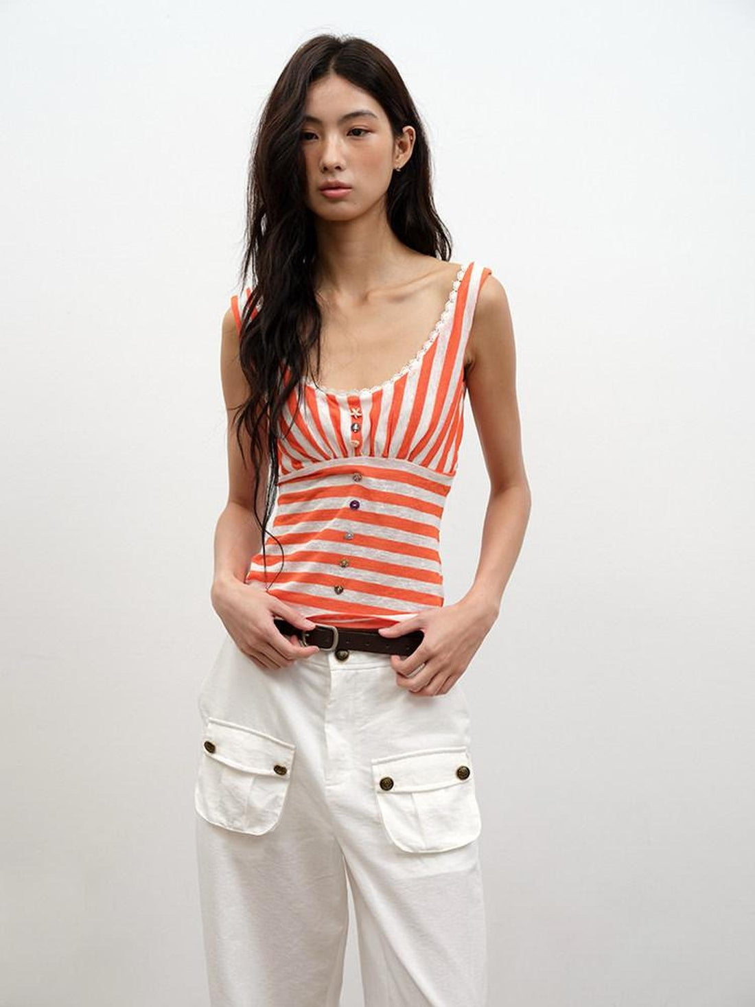 lvetong Vibrant Orange Striped Slim Street Roundneck Poly Blend Sleeveless Tank Tops