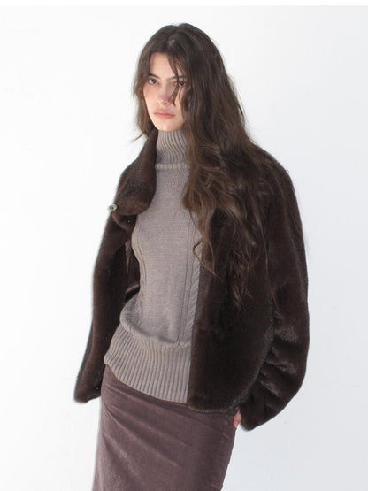 lvetong Vintage Cropped Stand Collar Fleece Lined Women&