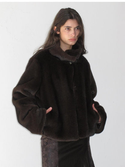 lvetong Vintage Cropped Stand Collar Fleece Lined Women&