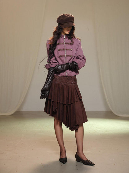 lvetong Vintage Embroidered Stand Collar Washed Canvas Women&