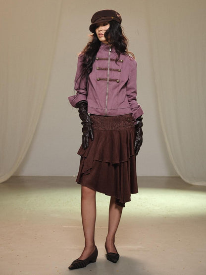 lvetong Vintage Embroidered Stand Collar Washed Canvas Women&