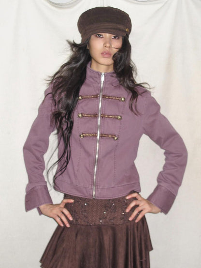 lvetong Vintage Embroidered Stand Collar Washed Canvas Women&