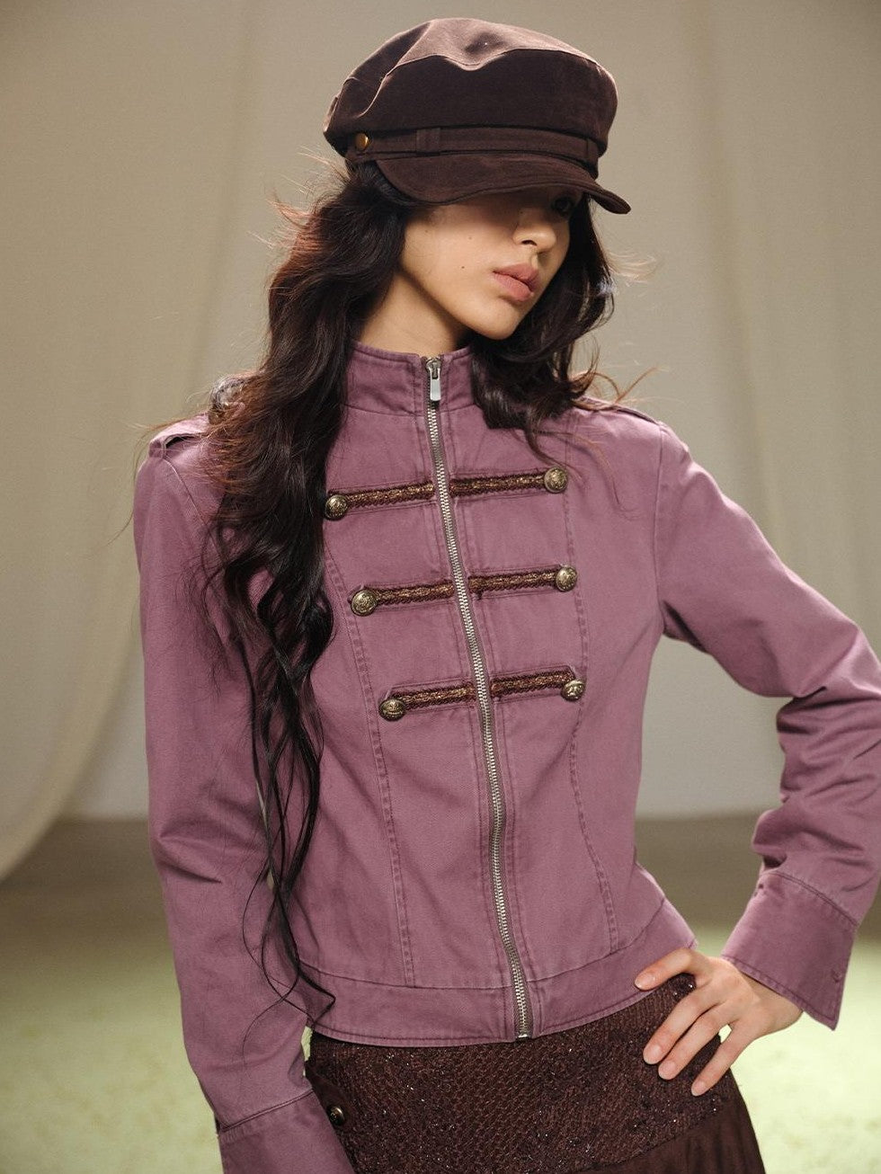 lvetong Vintage Embroidered Stand Collar Washed Canvas Women&