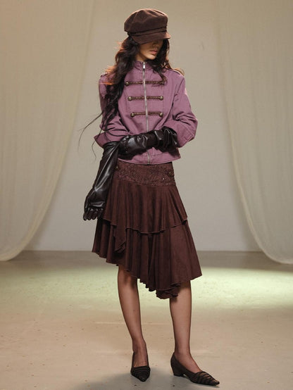 lvetong Vintage Embroidered Stand Collar Washed Canvas Women&