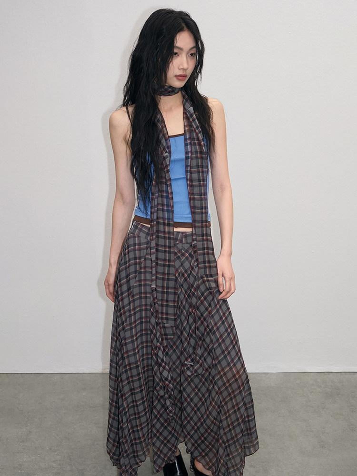 lvetong Vintage Plaid Asymmetrical Hem A Line Women&