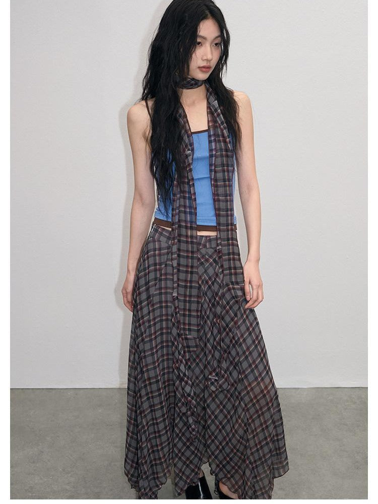lvetong Vintage Plaid Asymmetrical Hem A Line Women&
