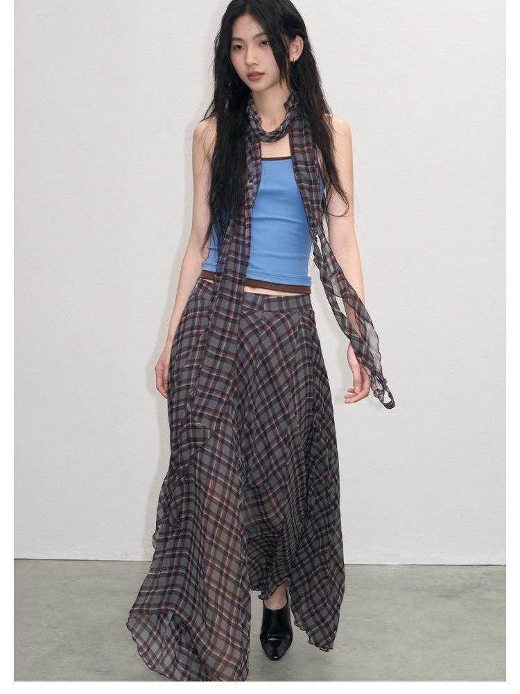 lvetong Vintage Plaid Asymmetrical Hem A Line Women&