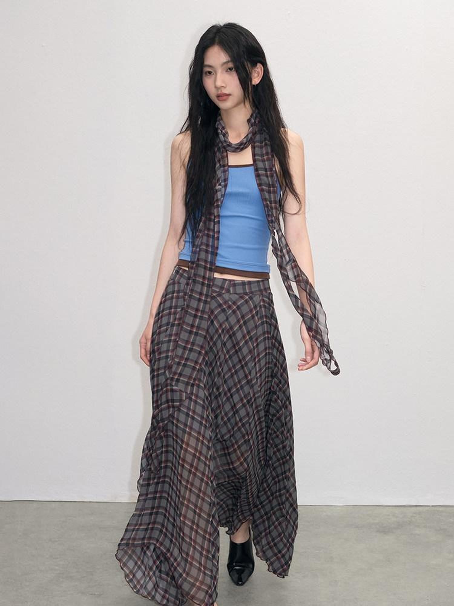 lvetong Vintage Plaid Asymmetrical Hem A Line Women&