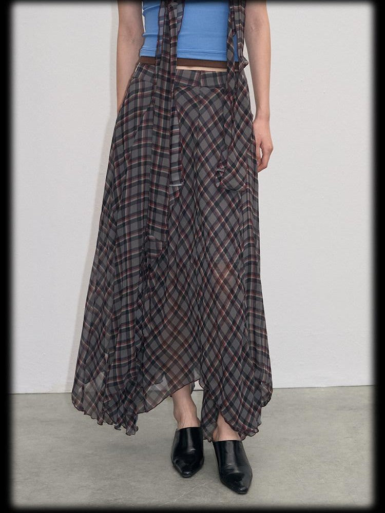 lvetong Vintage Plaid Asymmetrical Hem A Line Women&