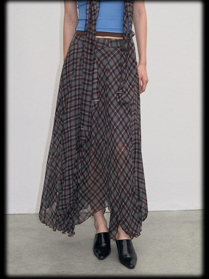 lvetong Vintage Plaid Asymmetrical Hem A Line Women&