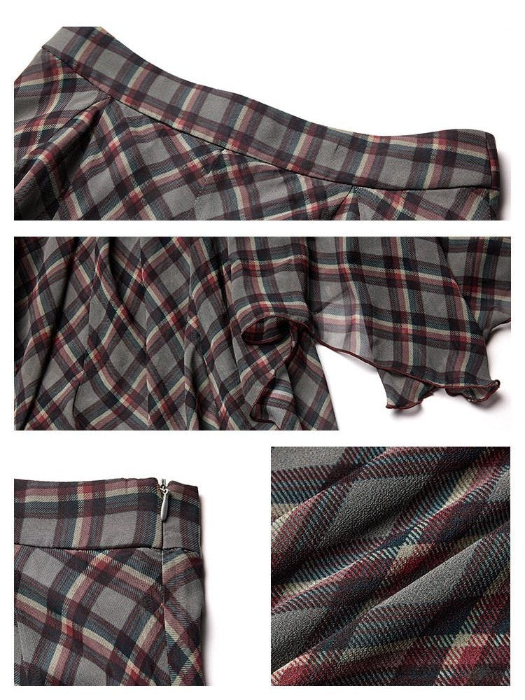 lvetong Vintage Plaid Asymmetrical Hem A Line Women&