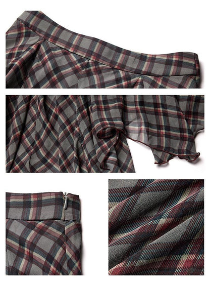 lvetong Vintage Plaid Asymmetrical Hem A Line Women&