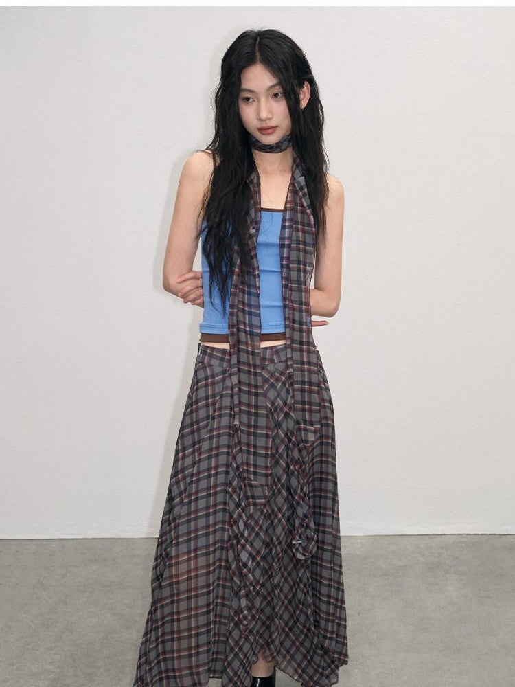 lvetong Vintage Plaid Asymmetrical Hem A Line Women&