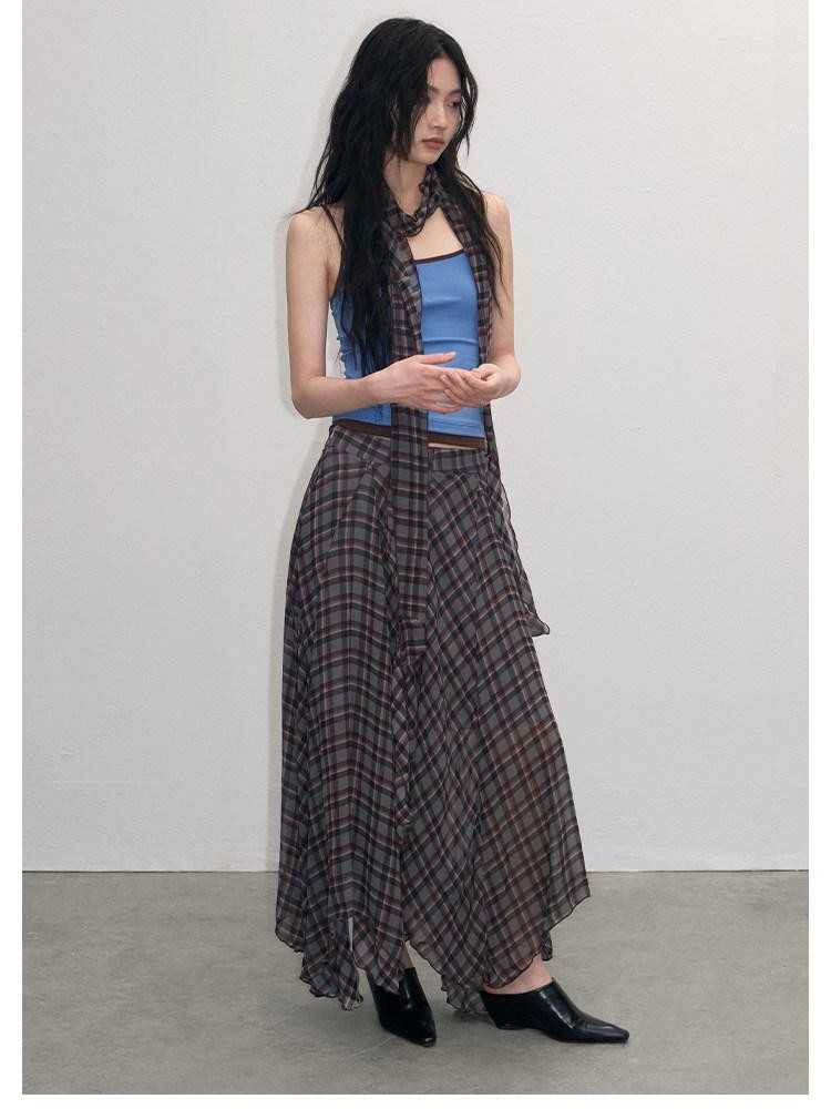 lvetong Vintage Plaid Asymmetrical Hem A Line Women&