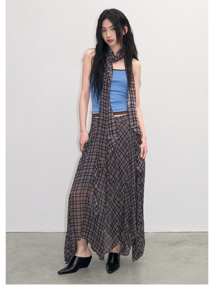 lvetong Vintage Plaid Asymmetrical Hem A Line Women&