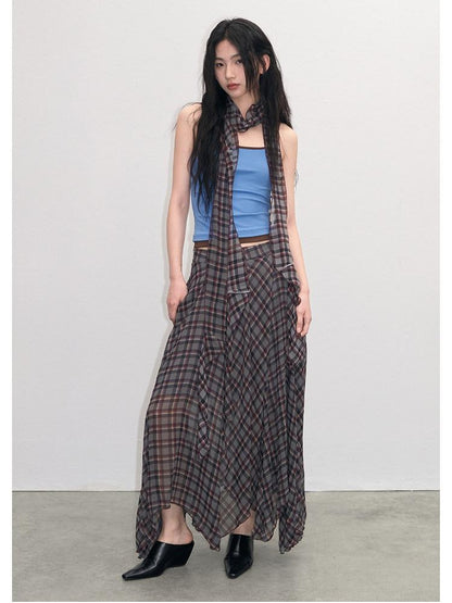 lvetong Vintage Plaid Asymmetrical Hem A Line Women&