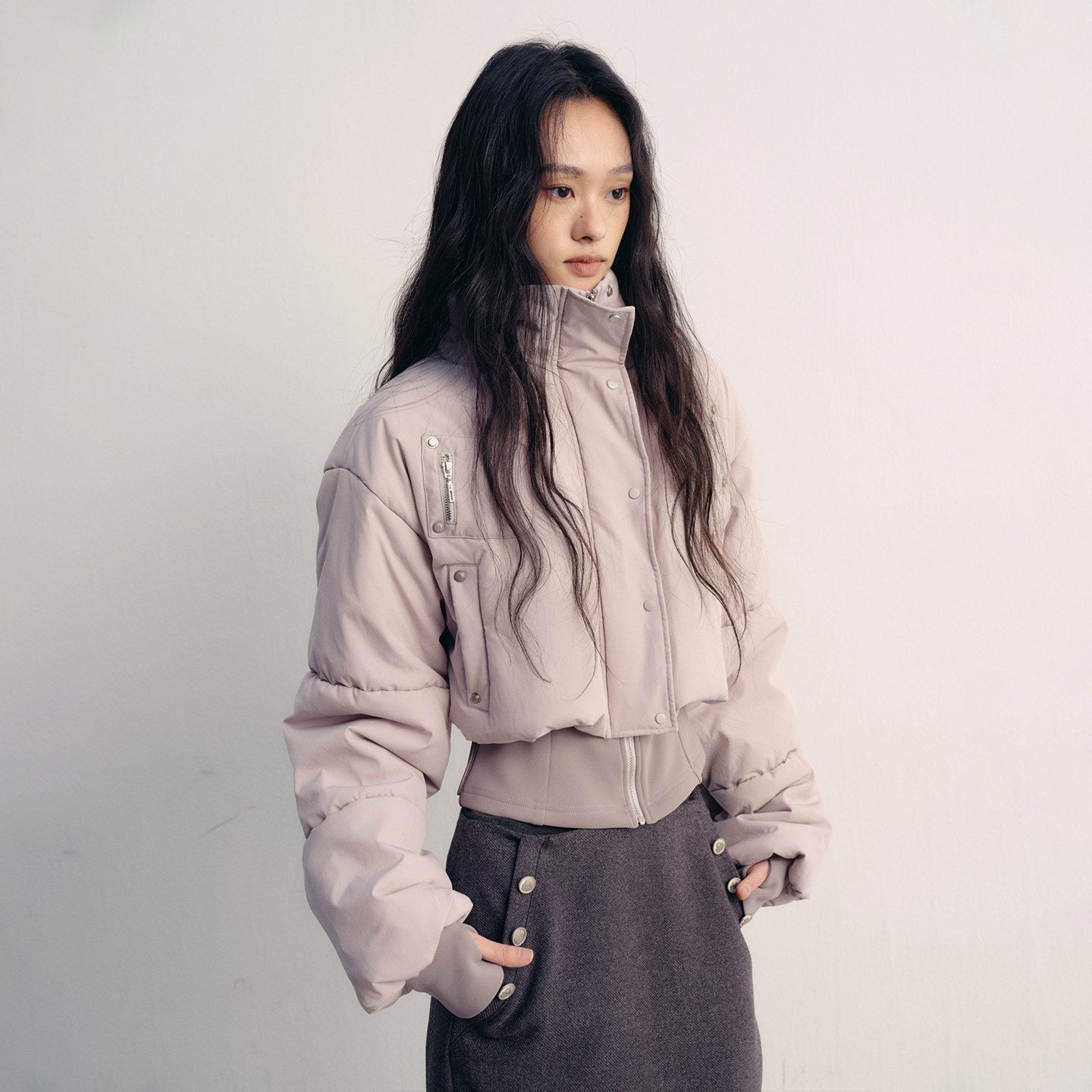 lvetong Warm Street Loose Fit Stand Collar Short Zip Grey Purple Puffer Jackets