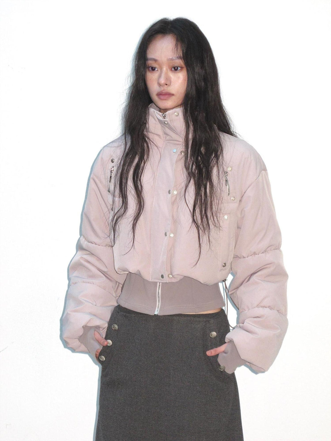 lvetong Warm Street Loose Fit Stand Collar Short Zip Grey Purple Puffer Jackets