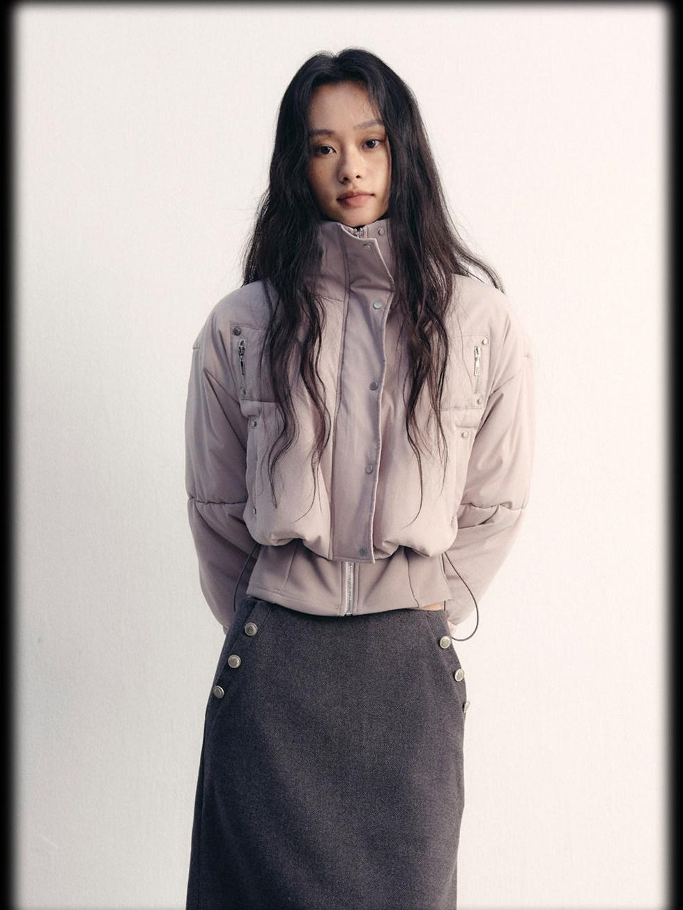 lvetong Warm Street Loose Fit Stand Collar Short Zip Grey Purple Puffer Jackets