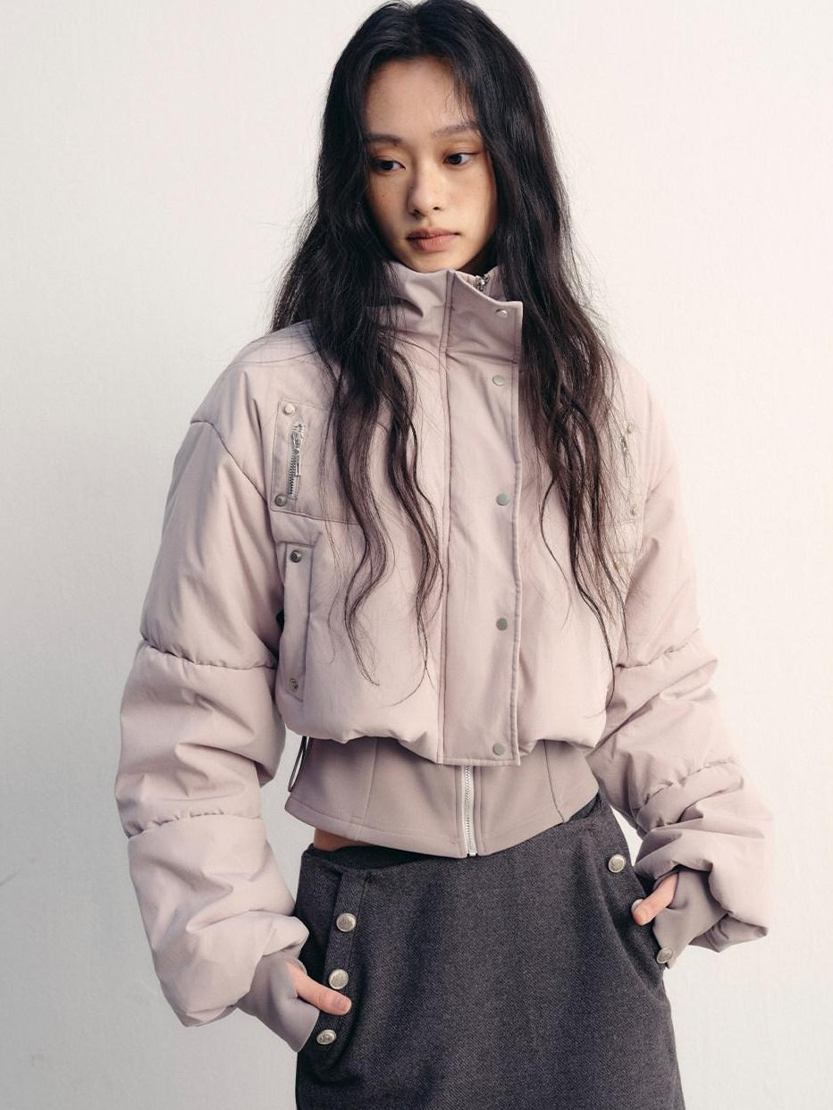 lvetong Warm Street Loose Fit Stand Collar Short Zip Grey Purple Puffer Jackets