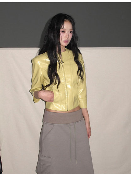 lvetong Yellow Roundneck Three Quarter Sleeve Slim Women&
