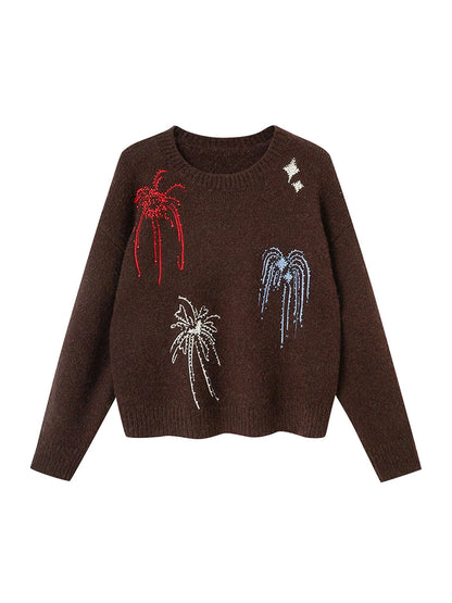 Colorful Beaded Firework Embroidered Oversized Knit Sweater