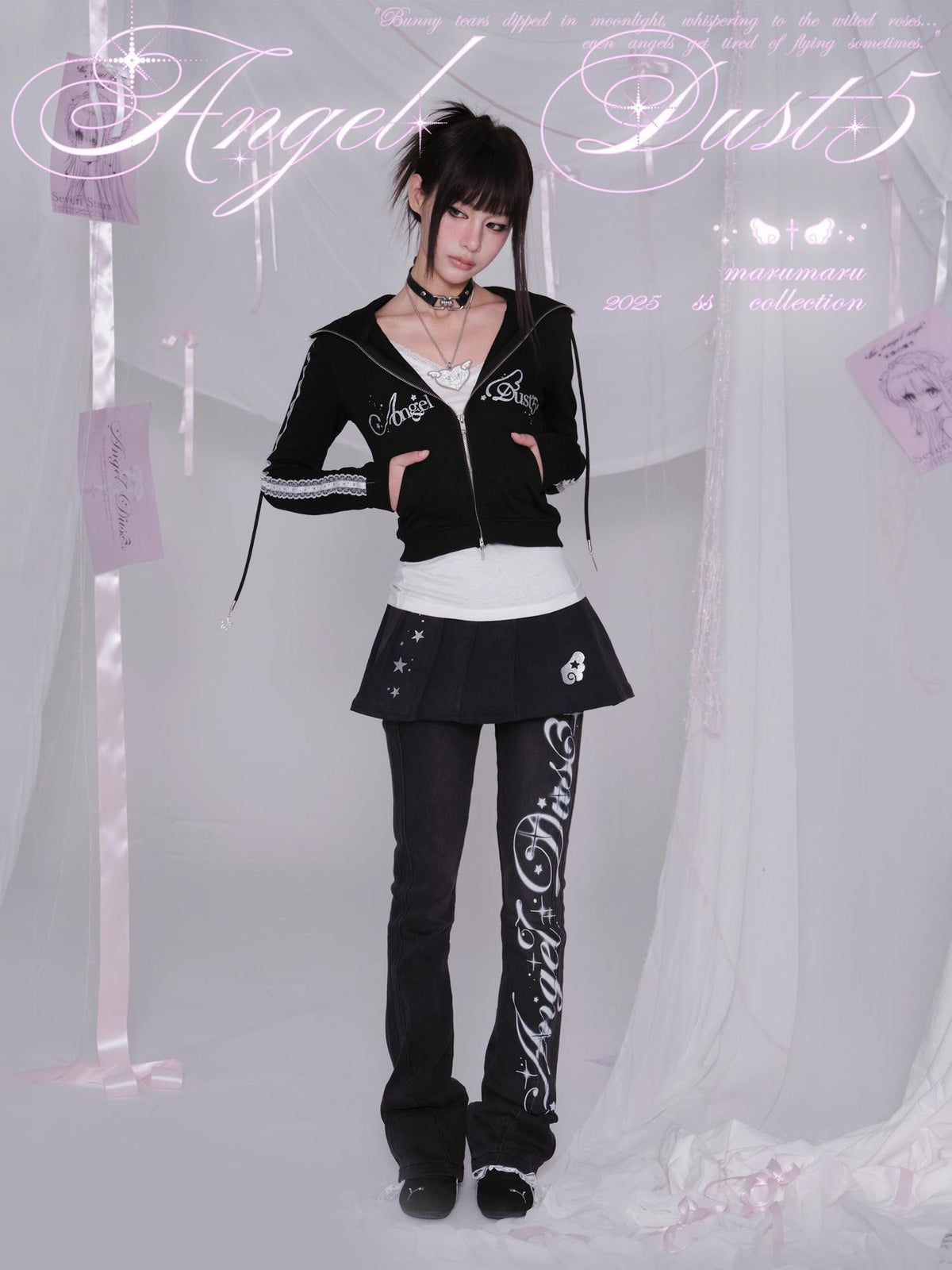 marumaruzip Angel Dust Glitter Lettering Hooded Slim Women&