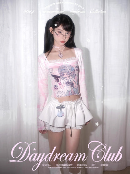 marumaruzip_Bird_Cartoon_Mesh_Lace_Bow_Print_Square_Neck_Women&