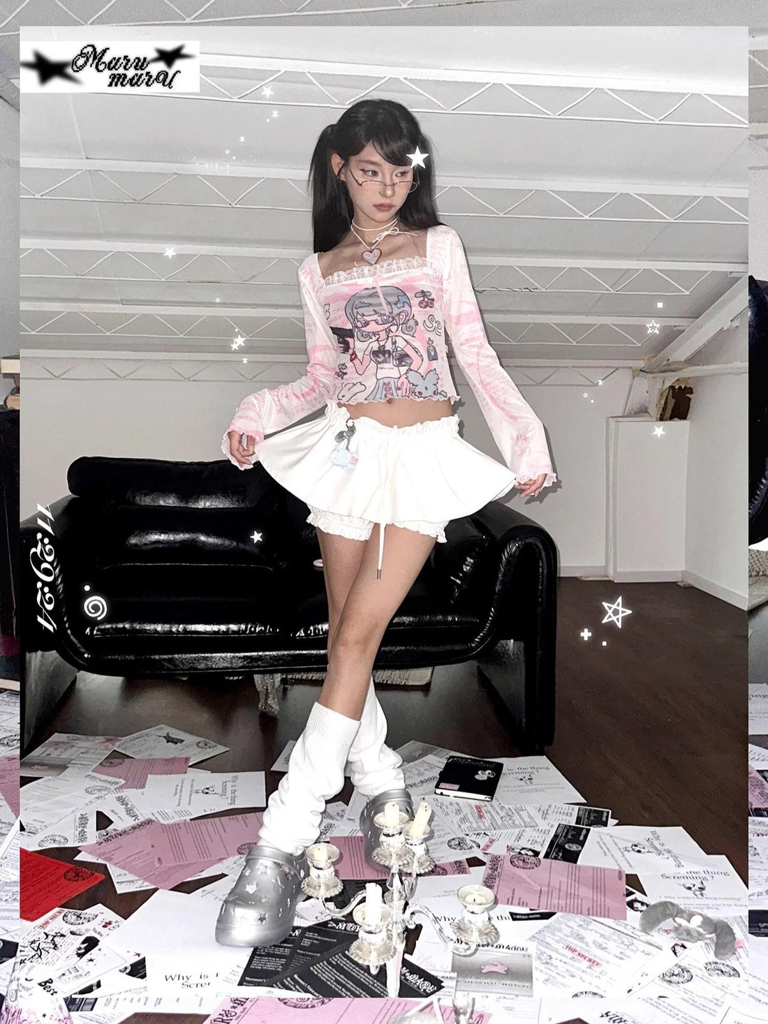 marumaruzip Bird Cartoon Mesh Lace Bow Print Square Neck Women&