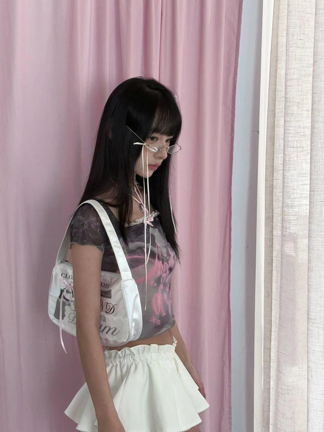 marumaruzip Bunny Cake Print Sheer Square Neck Slim Fit Short Sleeve Women&