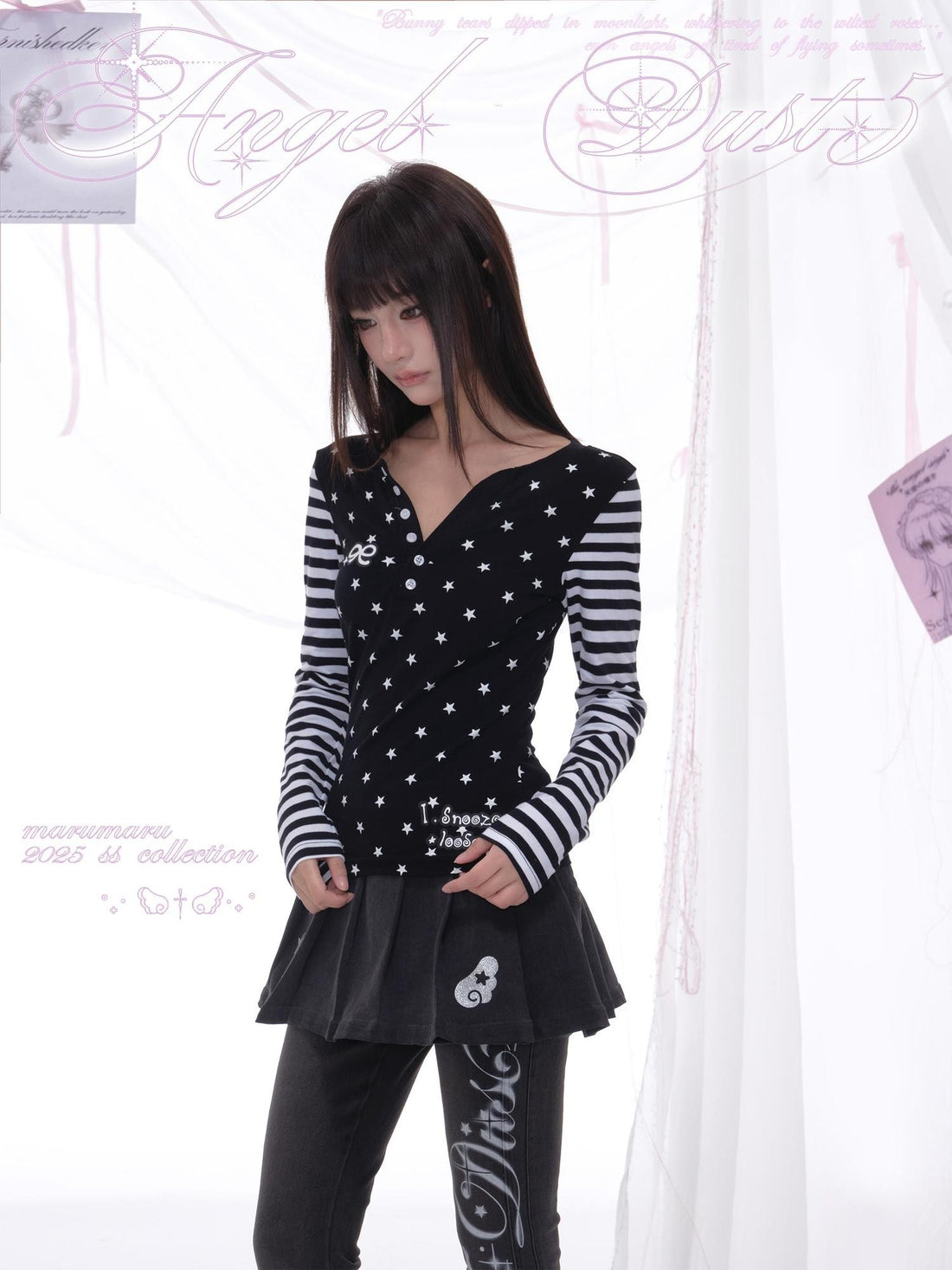 marumaruzip Girly Polka Dot Cross Print Henley Women&
