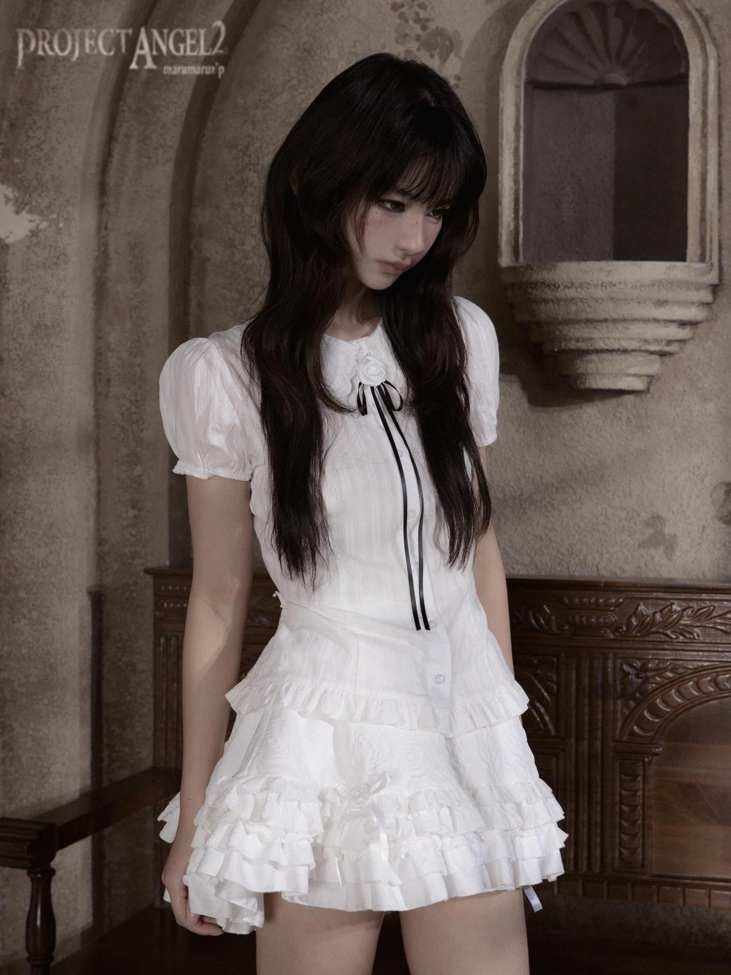 marumaruzip Lace Bow Puff Sleeve Doll Collar Women&